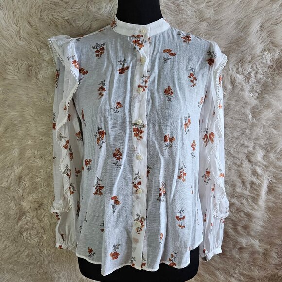 Ann Taylor Floral Linen Long Sleeve High-neck Ruffle Ivory Blouse Size XS - Picture 1 of 8